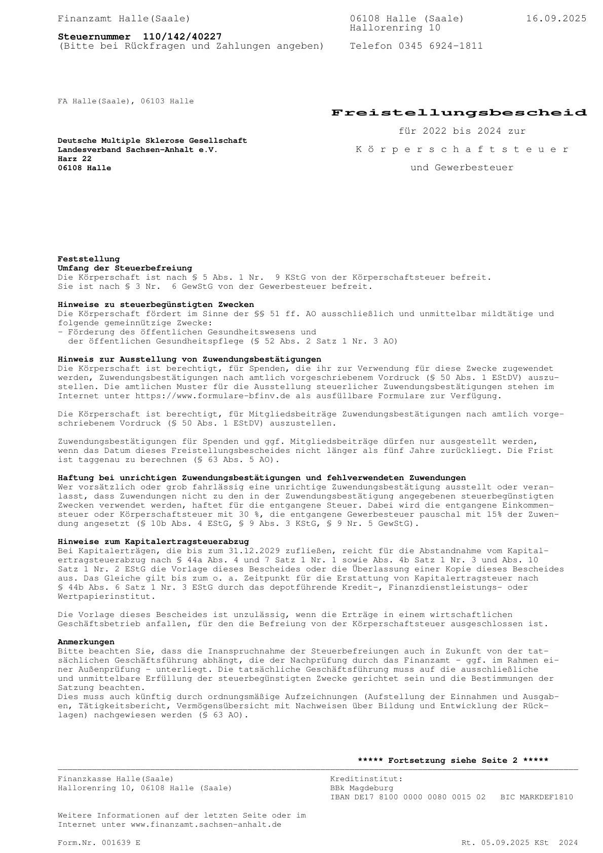Freistellungsbescheid Seite 1|DMSG LV Sachsen-Anhalt e.V.